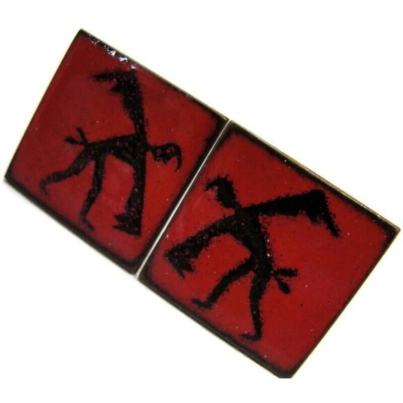 Red Enamel Copper Cufflinks Square Shirt Accessories Wedding Vintage - Picture 1 of 11